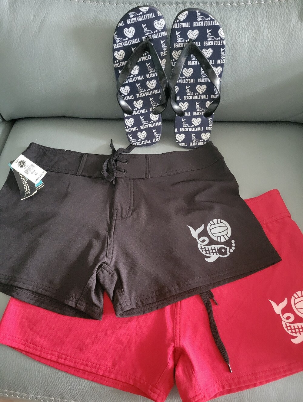 Black Boardshorts + Red Boardshorts + Beach Volleyball Flip Flops